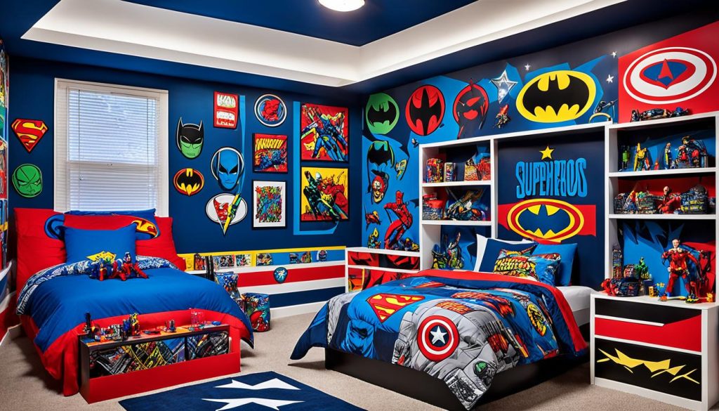 Superhero themed bedroom with lively ambiance