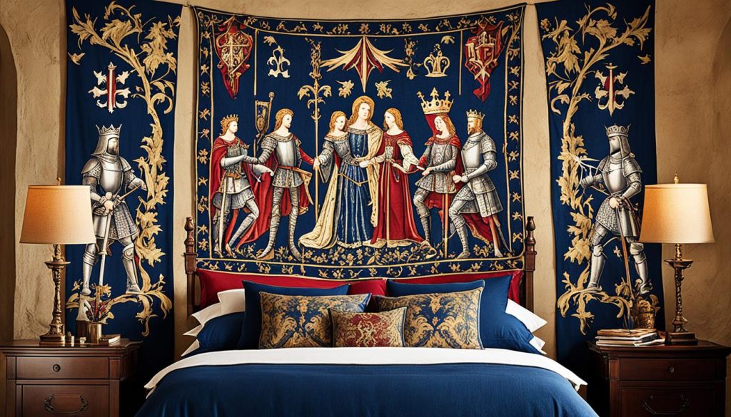 Tapestry wall hangings in a medieval-themed bedroom