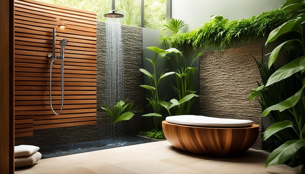 Teak shower seat in a spa-like bathroom