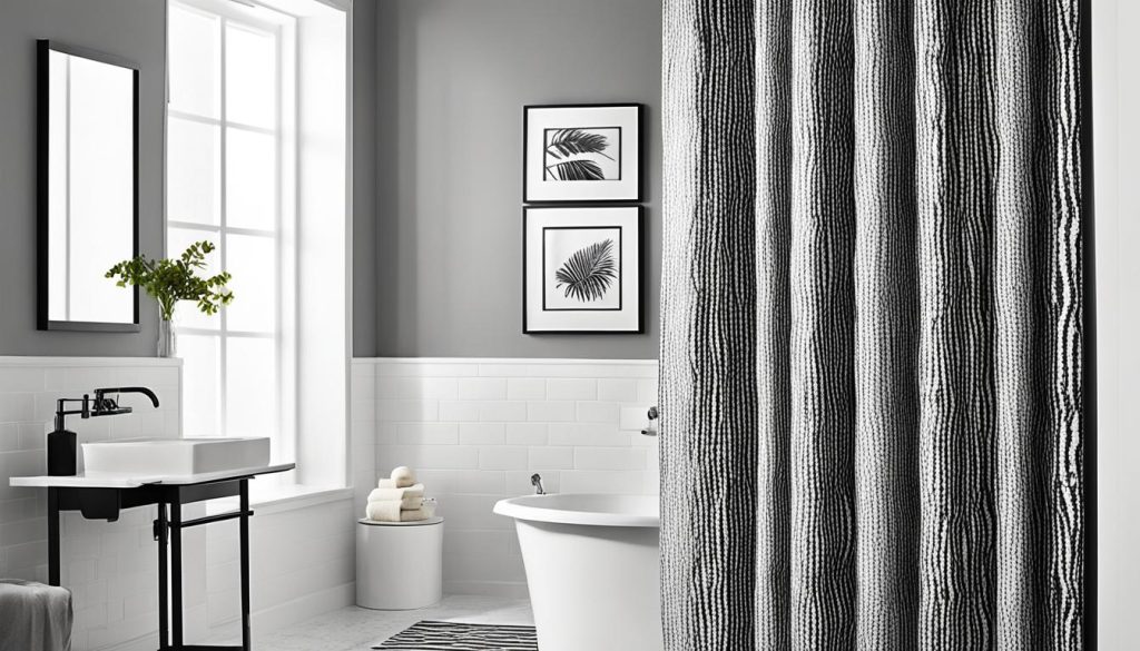 Textured shower curtain in monochrome bathroom