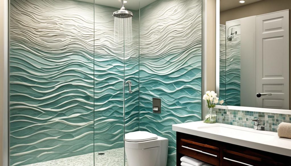 Textured walls in seaside-inspired showers