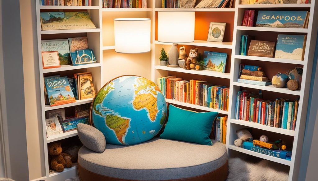 Travel book nook with children's literature