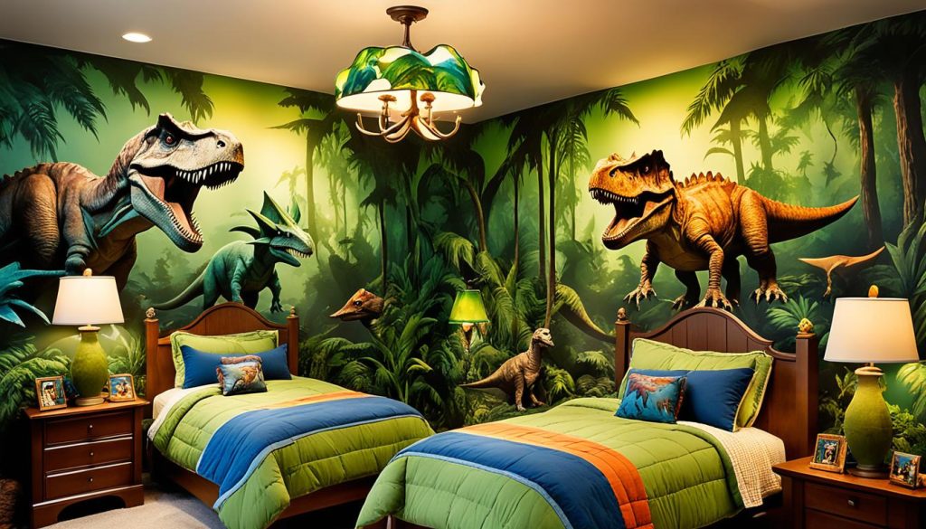 Triceratops lamps in a dinosaur-themed bedroom