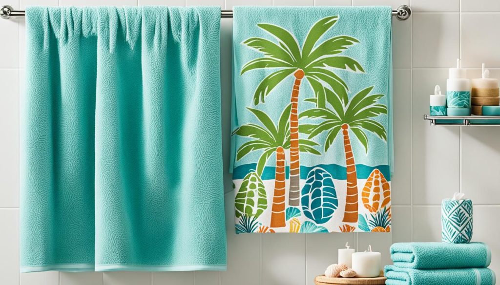 Tropical-patterned towels for beach-inspired bathroom decor