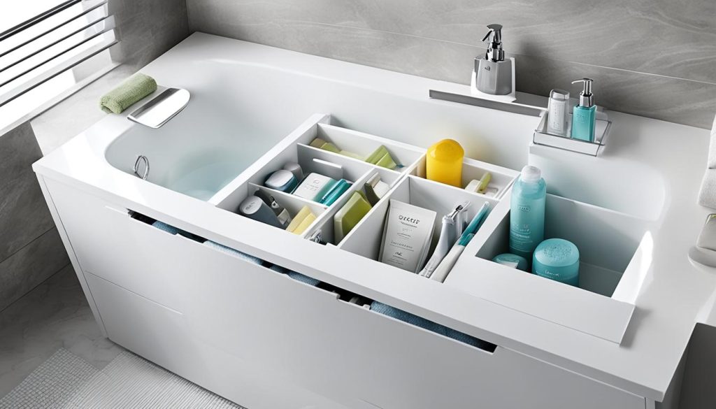 Under-bathtub storage with hidden drawers