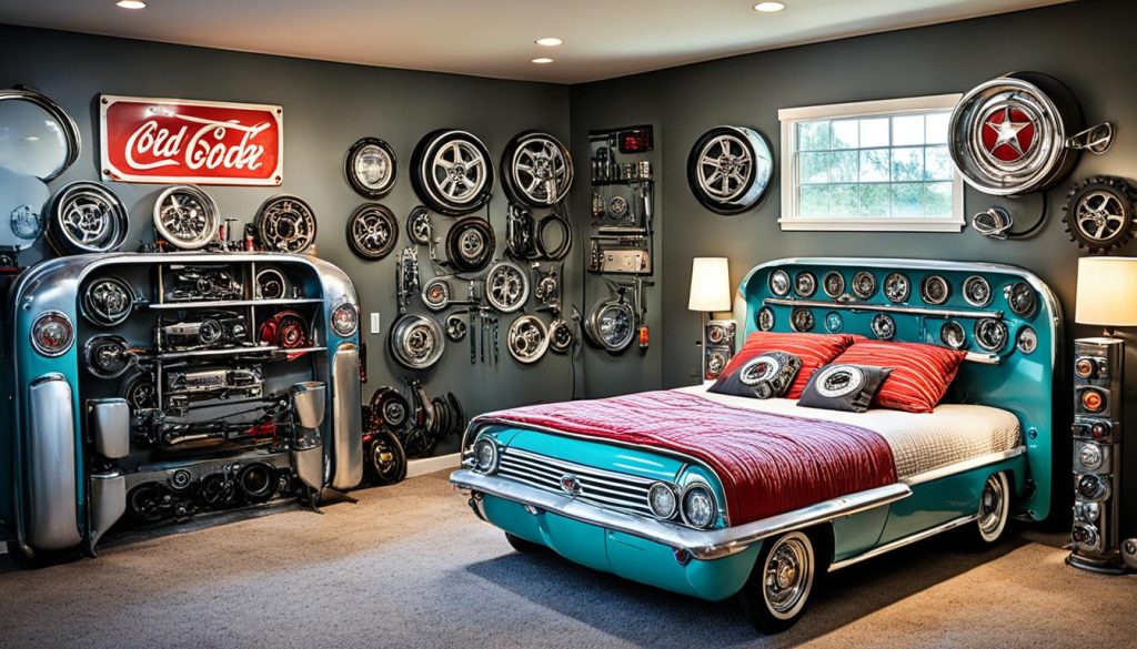 Upcycled auto parts furniture in car enthusiast bedroom