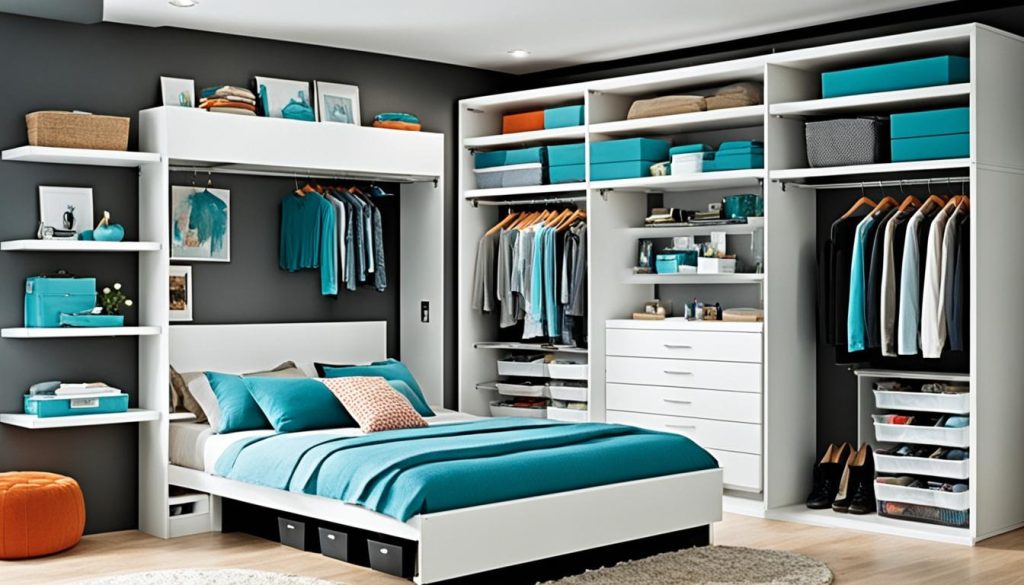 Vertical storage solutions in a small master bedroom