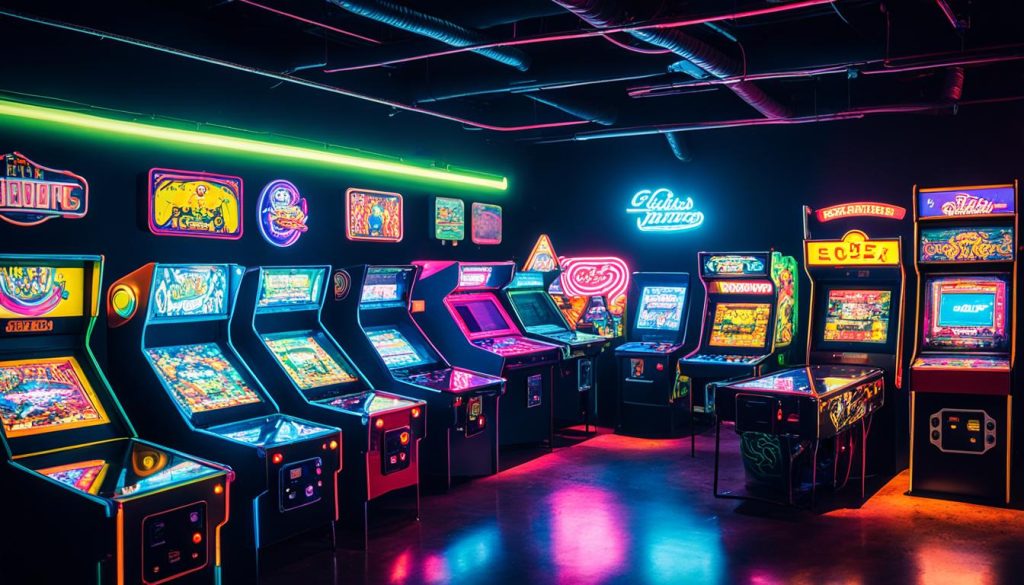 Vintage arcade machines in a game room