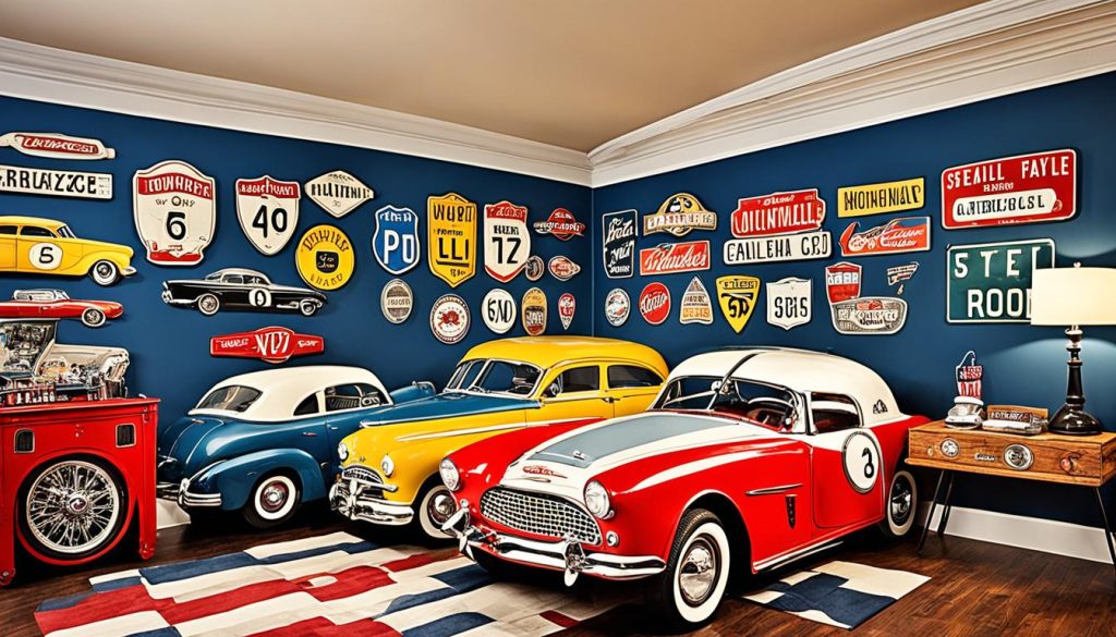 Vintage automobile wall art in retro car bedroom