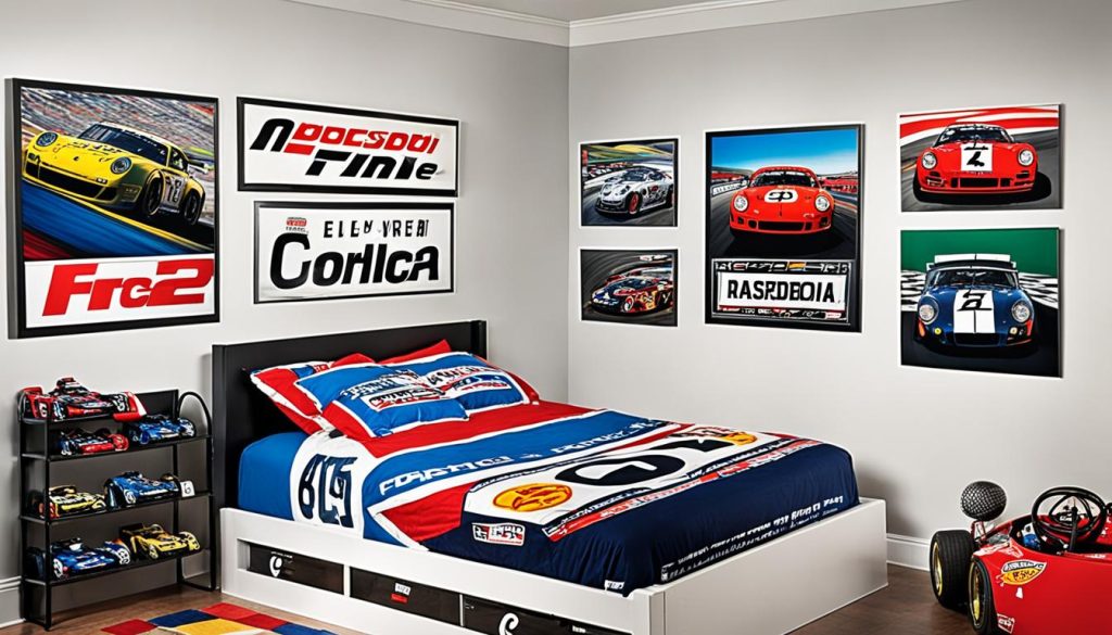 Wall art and decor for race car bedroom