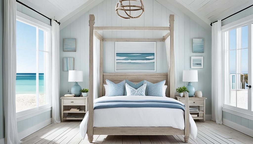 Whitewashed wood floors in a beachy bedroom