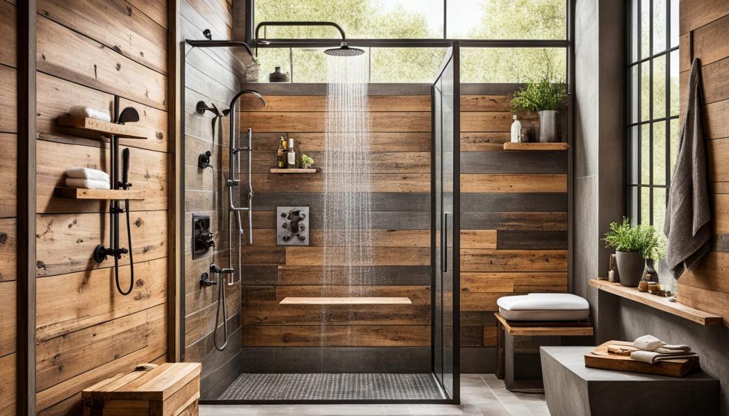 Wooden shower accents in rustic bathroom