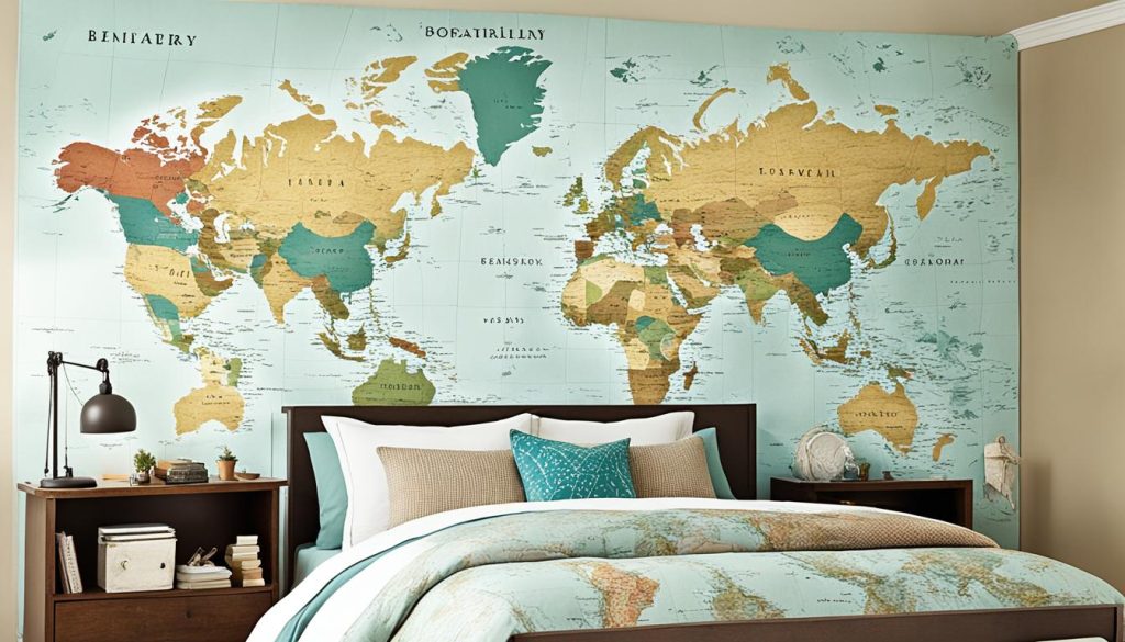 World map decor in a bedroom