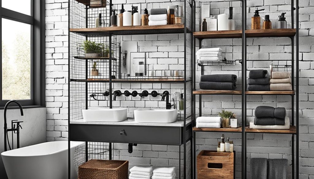 industrial bathroom design with metal storage