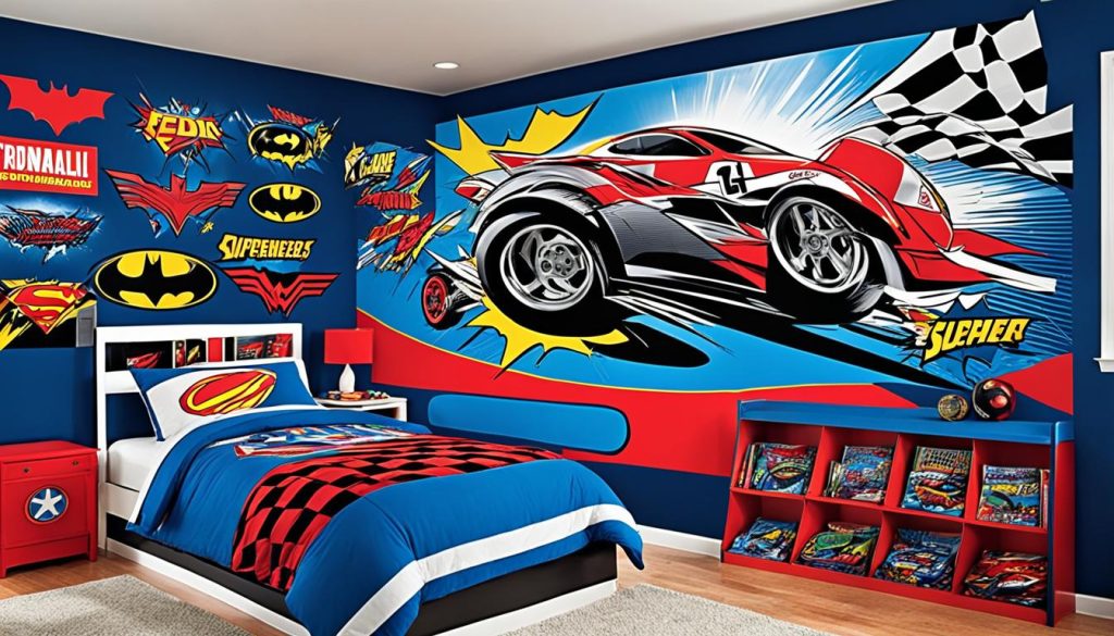 superhero and race car themed bedroom