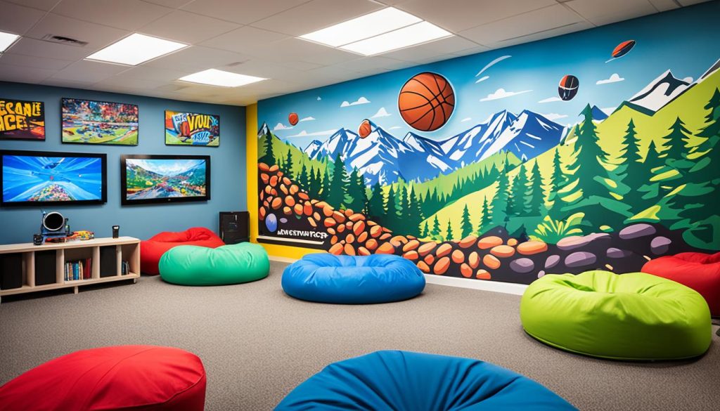 teen hangout space with active play area