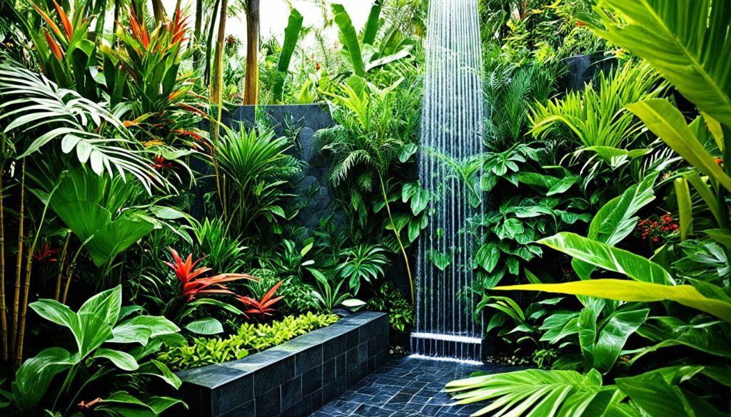 tropical outdoor showers with lush plants