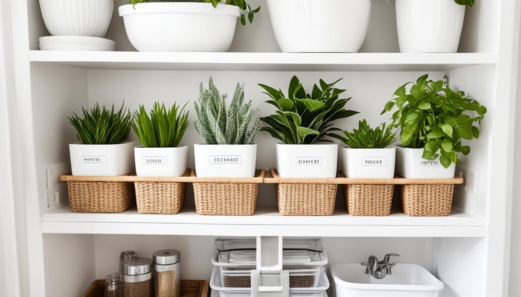 under-sink storage with shelf risers and baskets