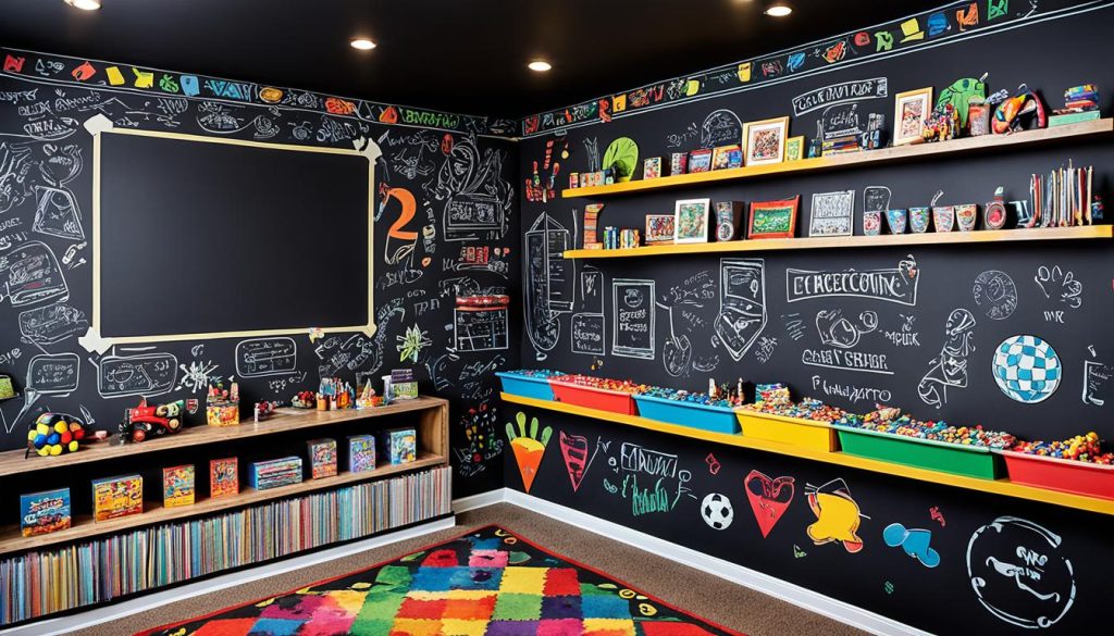 Colorful game room design with chalkboard wall