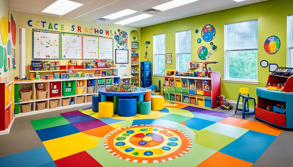 Educational play stations in a playroom