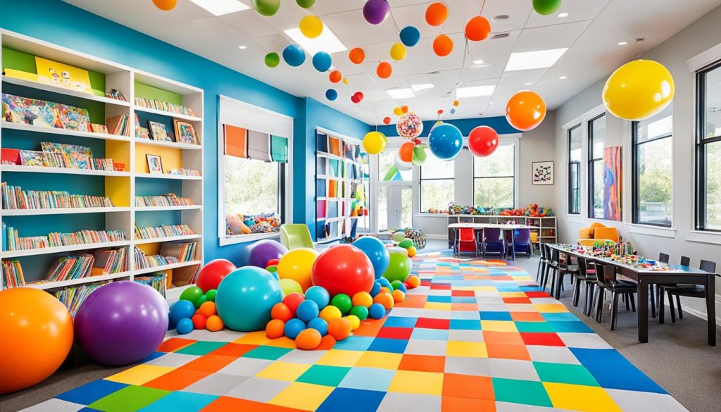 Exciting activity zones in a kids' games room