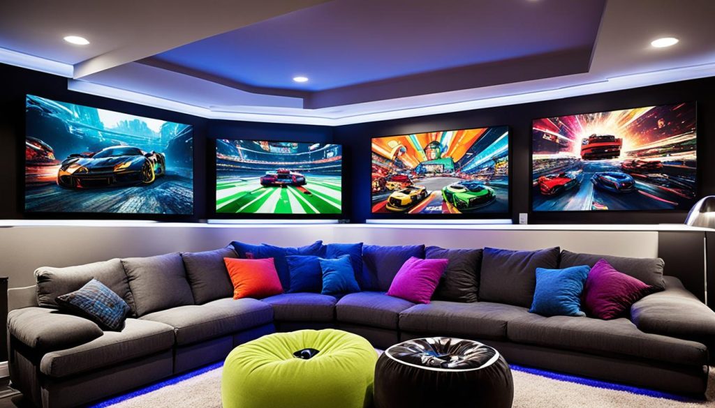 Gaming consoles in a game room