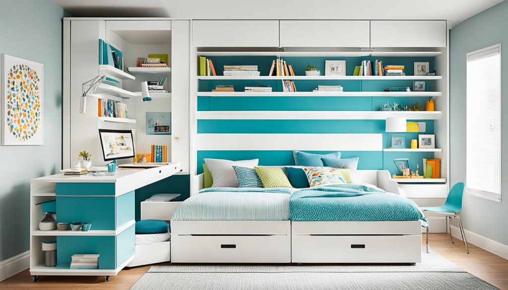 Multifunctional furniture in small bedroom