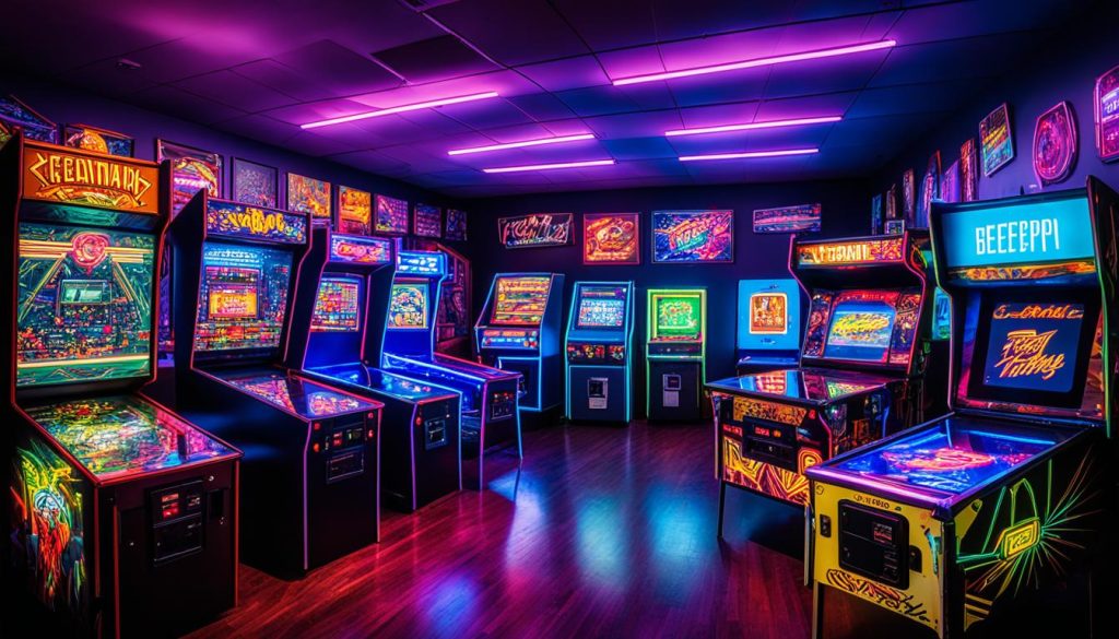 Retro gaming nostalgia corner with arcade cabinets