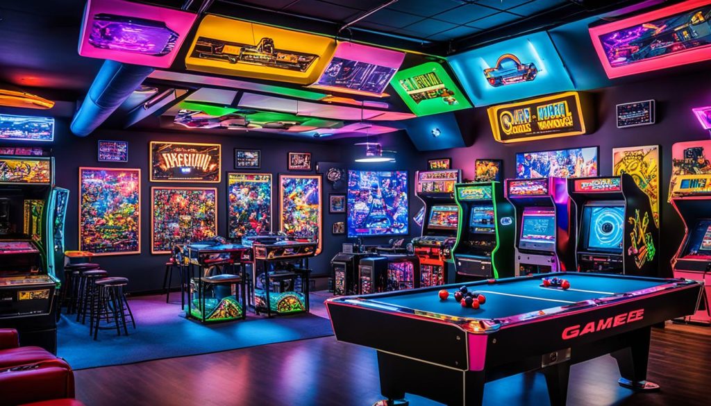 Themed game room with retro arcade inspiration