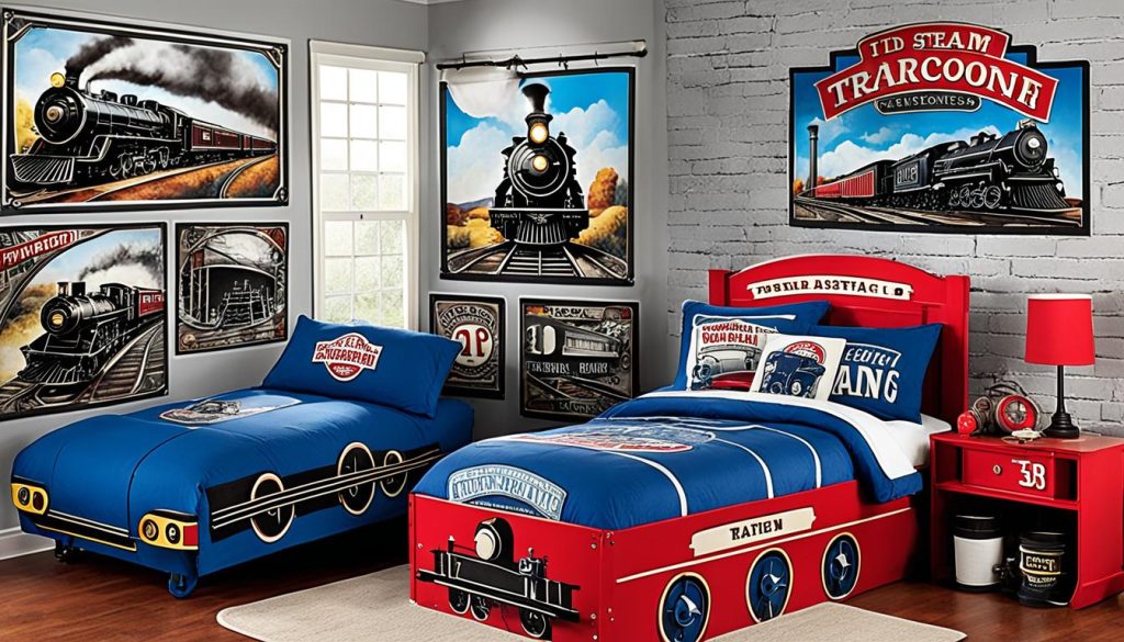 Train bed sets in a locomotive themed bedroom