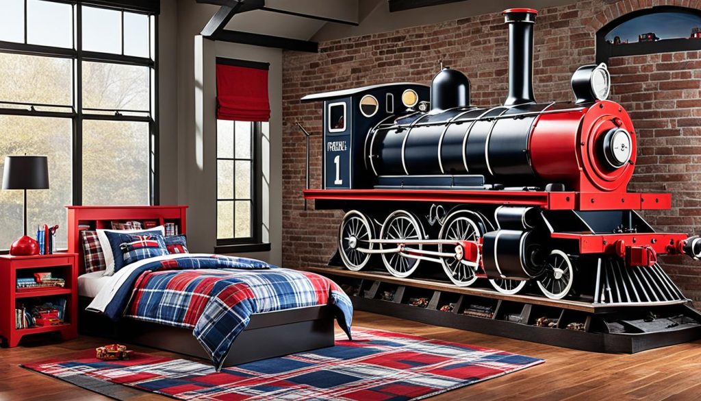 Train-themed furniture in a boys bedroom