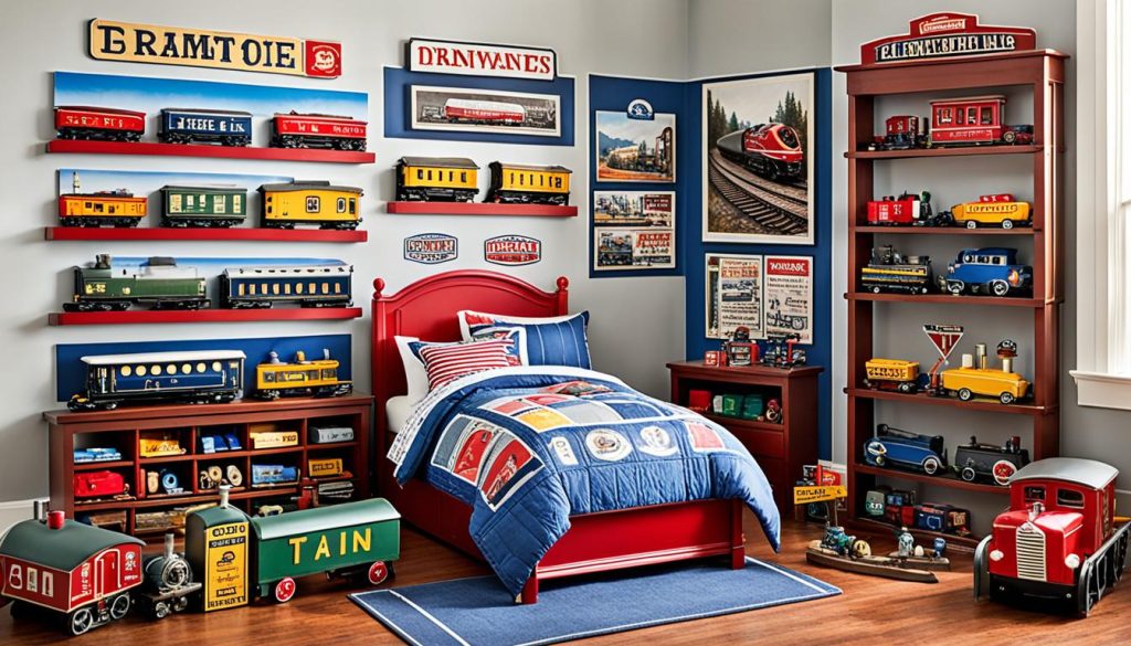 Train toys and collectibles in a bedroom