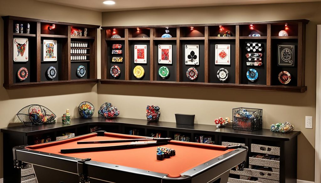 basement game room with wall storage