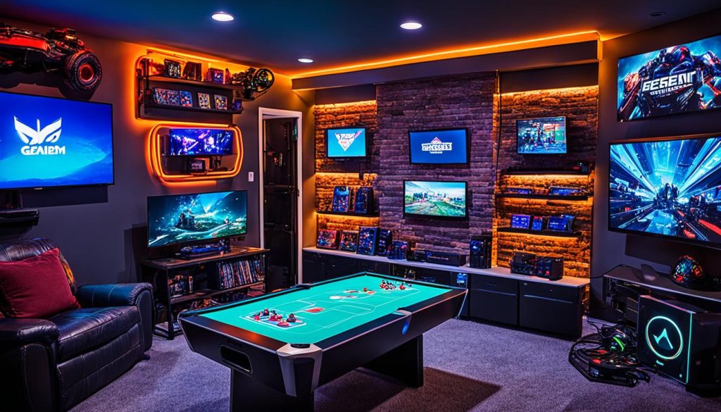 basement playroom gaming setup