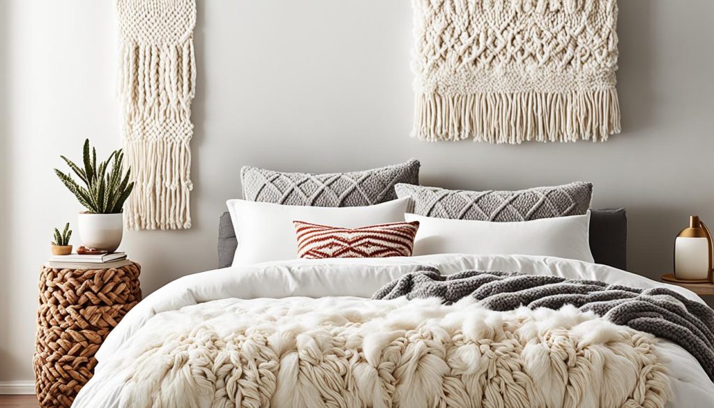 cozy bedroom decor with textured fabrics