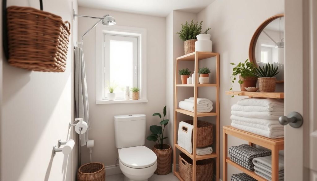 functional tiny bathrooms with storage baskets