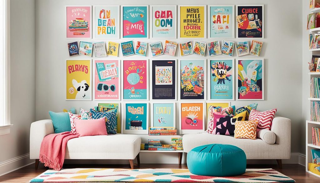 girls' playroom design with framed game posters