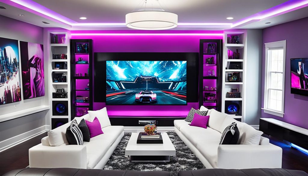 high-tech media room with gaming equipment