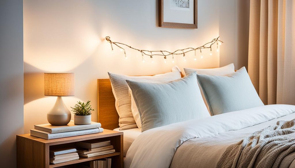 layered lighting in a cozy bedroom