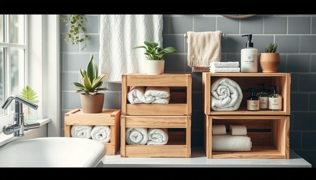 repurposed bathroom storage ideas using wooden crates