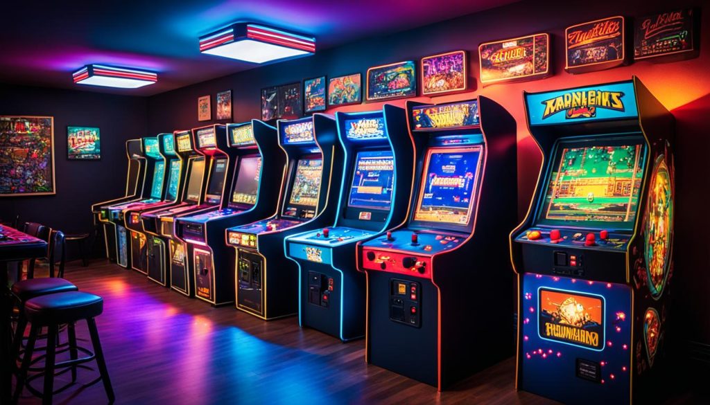 retro gaming den with classic arcade machines