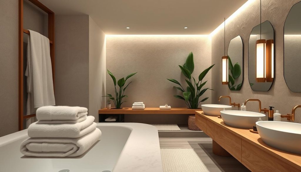 spa-like bathroom with towel sets