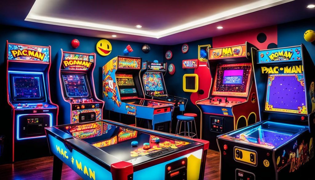 themed game room with retro arcade design