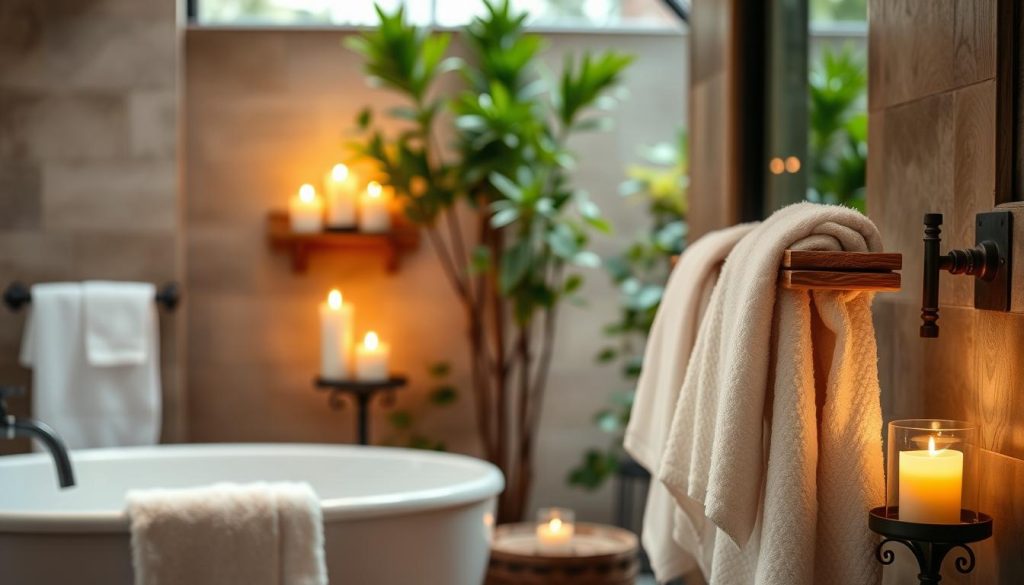 Bath towels display hanging for spa-like ambiance