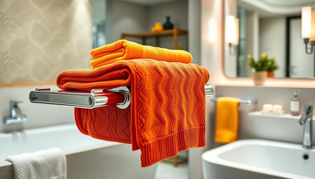 Bold colored towels in a bathroom