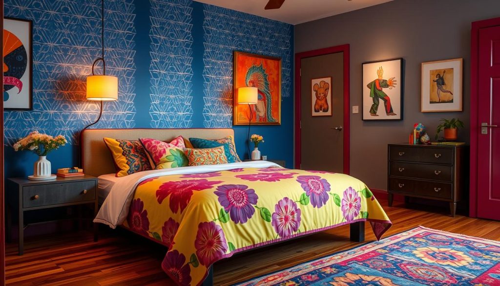 Bold colors and vibrant patterns in small bedroom