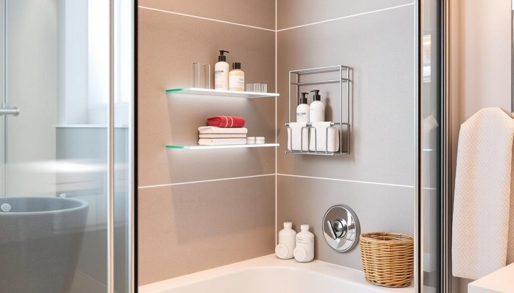 Corner storage solutions for maximizing shower space