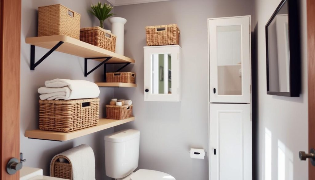 Corner storage solutions for small bathrooms