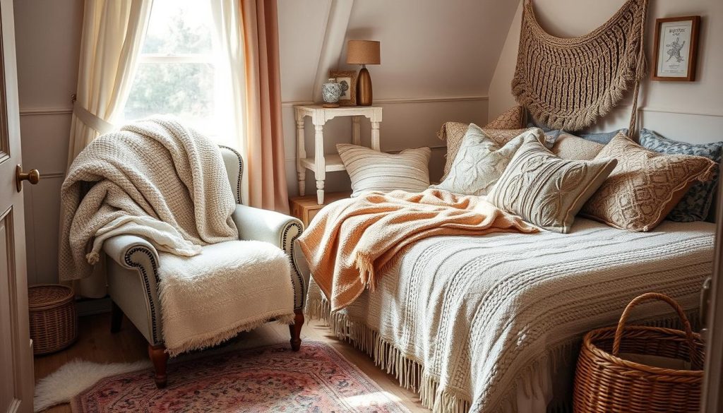 Cozy textiles in small bedroom design