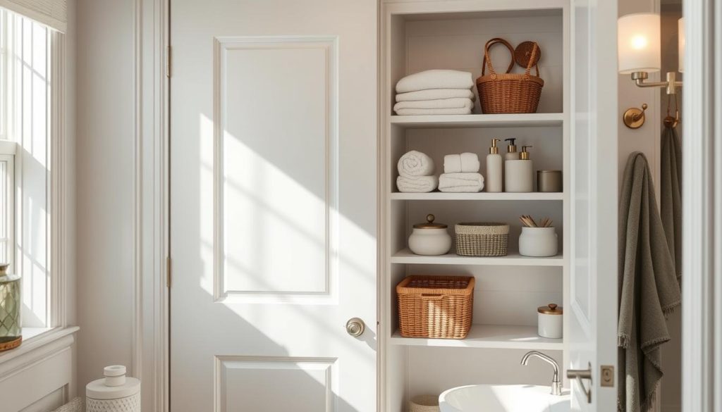 Creative bathroom storage DIY using door space